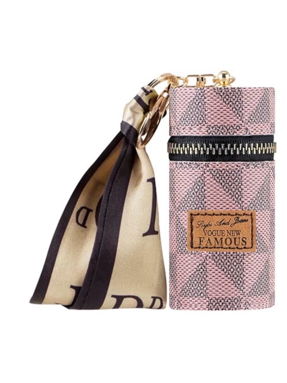 Pink Geometric Lipstick Holder Keychain with Scarf
